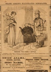 Mending the family kettle (Illus. in: Frank Leslie's illustrated newspaper, v. 22, no. 559 (1866 June 16), p. 208.; LOC: https://www.loc.gov/item/2001696151/)