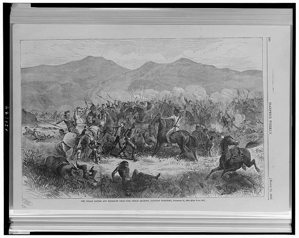 The Indian battle and massacre near Fort Philip Kearney, Dacotah [sic] Territory, December 21, 1866 ( Illus. in: Harper's weekly, v. 11, no. 534 (1867 March 23), p. 180; LOC: https://www.loc.gov/item/2001700334/)