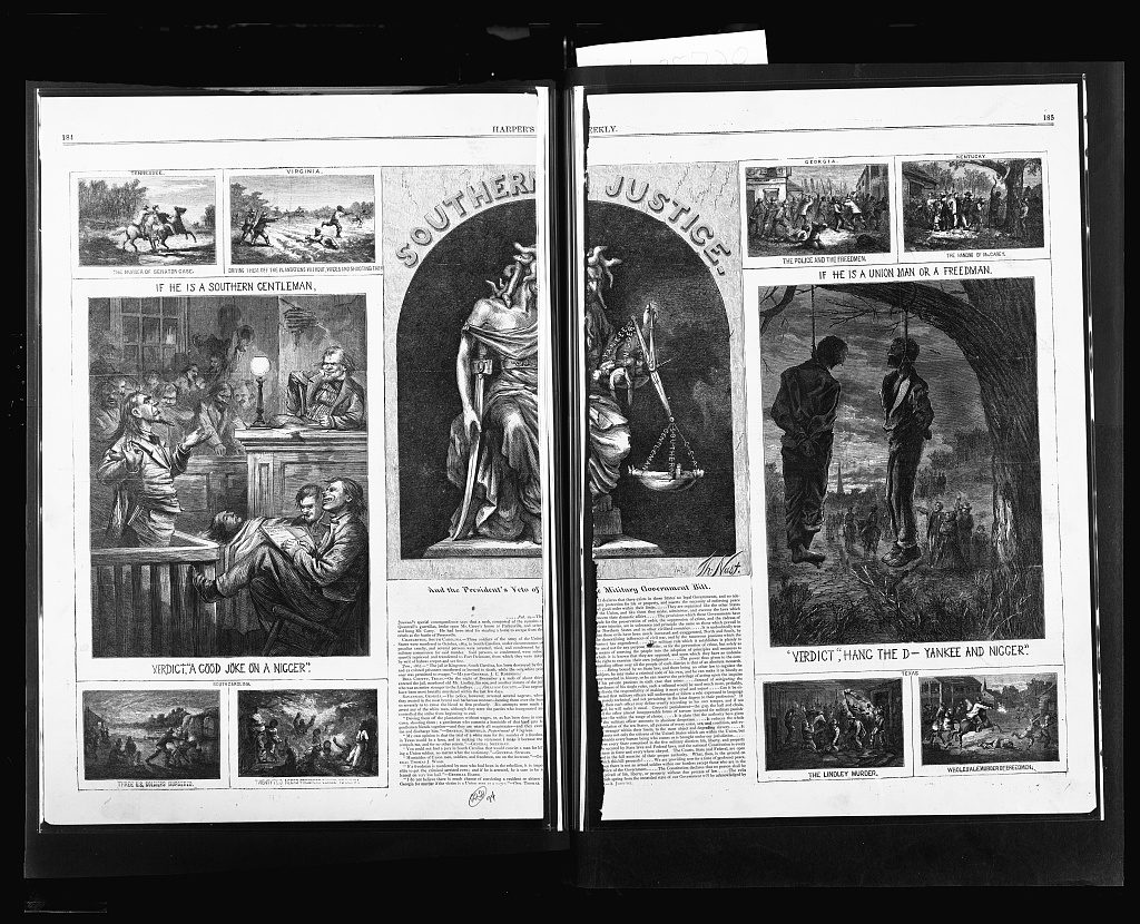 Southern justice and the president's veto of the military government bill / Th. Nast. ( Illus. in: Harper's weekly, v. 11, no. 534 (1867 Mar. 23), pp. 184-185. ; LOC: https://www.loc.gov/item/2008680979/)