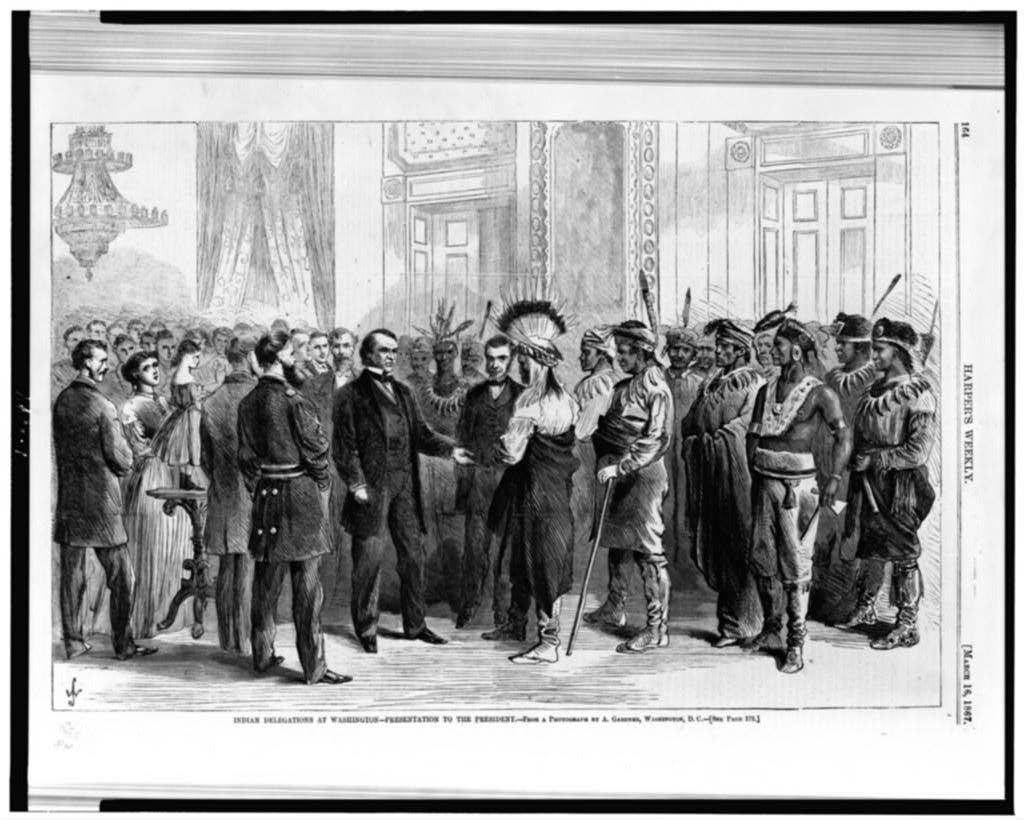 Indian delegations at Washington--presentation to the president / From a photograph by A. Gardner, Washington, D.C. ( Illus. in: Harper's weekly, 1867 March 16, p. 164. ; LOC: https://www.loc.gov/item/93500617/)
