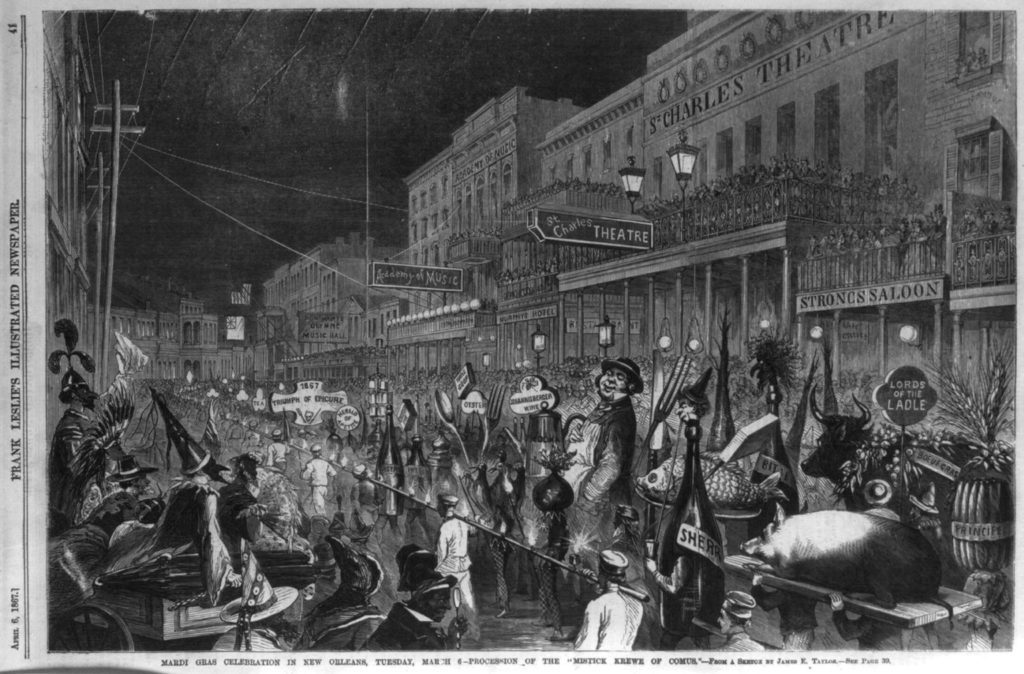 Mardi Gras celebration in New Orleans, Tuesday, March 6 - Procession of the "Mistick Krewe of Comus" [Epicurean floats] ( Illus. in: Frank Leslie's illustrated newspaper, vol. 24, no. 601 (1867 Apr. 6), p. 41. )