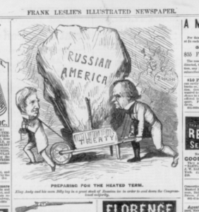 Seward's purchase (Full page of advertisements and a political cartoon "Preparing for the heated term; King Andy and his man Billy lay in a great stock of Russian ice in order to cool down the Congressional majority"; caricature of Pres. Andrew Johnson and Sec. of State William Seward carrying huge iceberg of "Russian America" in a wheelbarrow "treaty"; refers to Seward's purchase of Alaska in Dec. 1866 ( Illus. in: Frank Leslie's illustrated newspaper, vol. 24, no. 603 (1867 Apr. 20), p. 80. ; LOC: https://www.loc.gov/item/99614050/)