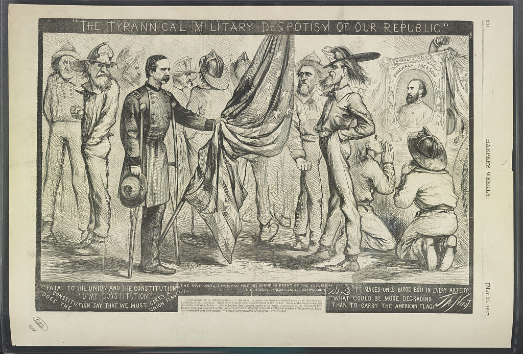 "The tyrannical military despotism of our Republic" / Th. Nast. ( Illus. in: Harper's weekly, v. XI, no. 543 (1867 May 25), p. 324.; LOC: https://www.loc.gov/item/2016651391/)