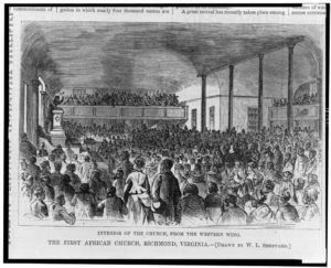 The first African church, Richmond, Virginia--Interior of the church, from the western wing / drawn by W.L. Sheppard. ( Illus. in: Harper's weekly, v. 18, 1874 June 27, p. 545; LOC: https://www.loc.gov/item/97507948/) )