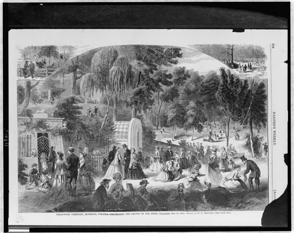 Hollywood Cemetery, Richmond, Virginia - decorating the graves of the rebel soldiers, May 31, 1867 / drawn by W.L. Sheppard. ( Illus. in: Harper's weekly, v. 11, 1867 Aug. 17, p. 524; LOC: https://www.loc.gov/item/97507943/)