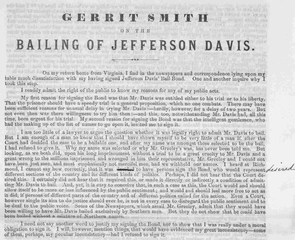 Image 1 of Gerrit Smith on the bailing of Jefferson Davis ... Peterboro, June 6, 1867. (https://www.loc.gov/resource/rbpe.12701500/?st=gallery)