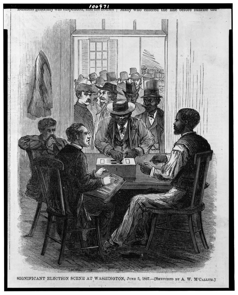 Significant election scene at Washington, June 3, 1867 / sketched by A.W. M'Callum. ( Illus. in: Harper's weekly, 1867 June 22, p. 397.; LOC: https://www.loc.gov/item/90715767/)