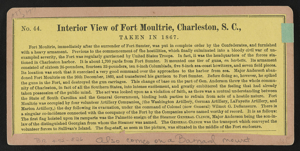 Interior view of Fort Moultrie, Charleston, S.C., taken in 1867 (LOC: https://www.loc.gov/item/2015650228/)
