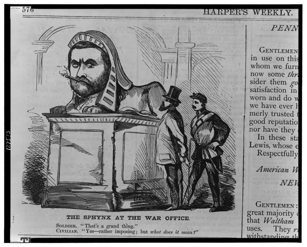 The sphynx at the War Office ( Illus. in: Harper's weekly, v. 11, no. 558 (1867 Sept. 7), p. 576.; LOC: https://www.loc.gov/item/00652780/)
