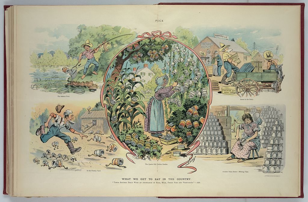 What we get to eat in the country / Ehrhart. (Illus. in: Puck, v. 59, no. 1534 (1906 July 25), centerfold.; LOC: https://www.loc.gov/item/2011645922/)