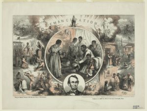 Emancipation / Th. Nast ; King & Baird, printers, 607 Sansom Street, Philadelphia. (by Thomas Nast, 1865; LOC: https://www.loc.gov/item/2004665360/)