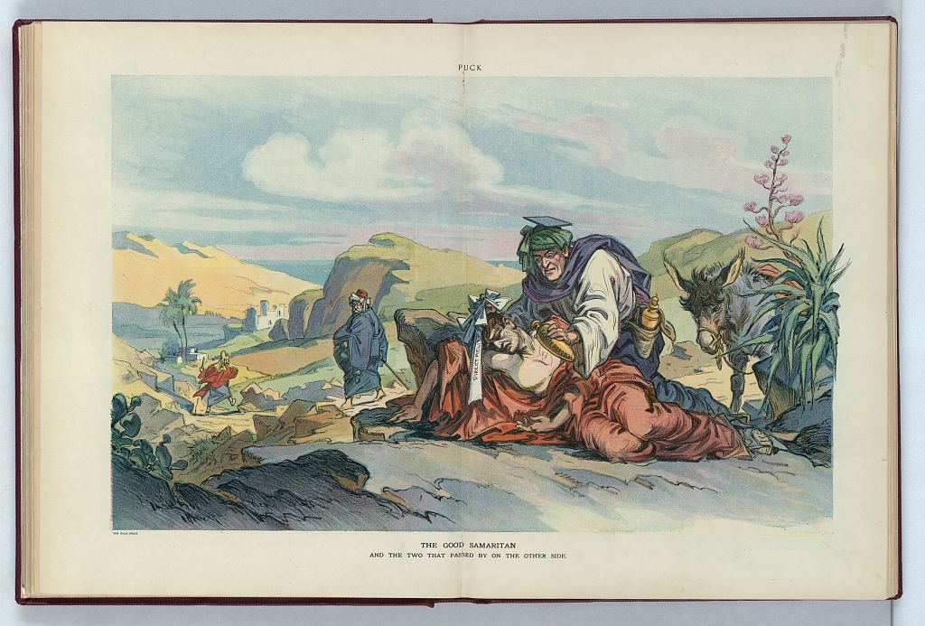 The good samaritan / Kep. ( Illus. in: Puck, v. 72, no. 1858 (1912 October 9), centerfold. ; LOC: https://www.loc.gov/item/2011649390/)