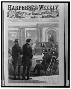 Impeachment - Thaddeus Stevens and John A. Bingham before the Senate / sketched by Theodore R. Davis. ( Illus. in: Harper's weekly, v. 12, no. 585 (1868 March 14), p. 161; LOC: https://www.loc.gov/resource/cph.3c27615/)