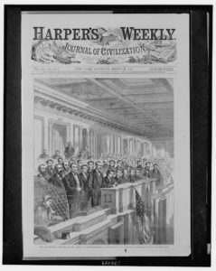 The reporters' gallery of the House of Representatives, Washington, D.C. / sketched by Theodore R. Davis. ( Illus. in: Harper's weekly, v. 12, no. 584 (1868 March 7), p. 145.; LOC: https://www.loc.gov/item/2004671453/)