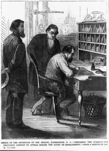 Office of the Secretary of the Senate, Washington, D.C. - preparing the summons for President Johnson to appear before the court of impeachment ( Illus. in: Frank Leslie's Illustrated Newspaper, 1868 March 28, p. 28. ; LOC: https://www.loc.gov/item/2003655357/)