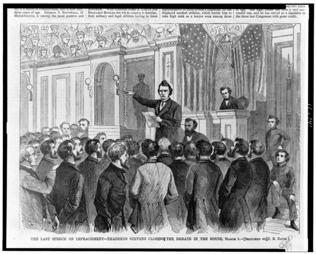 The Last speech on impeachment--Thaddeus Stevens closing the debate in the House, March 2 / sketched by T.R. Davis. ( Illus. in: Harper's weekly, 1868 March 21, p. 180.; LOC: https://www.loc.gov/item/92520334/)