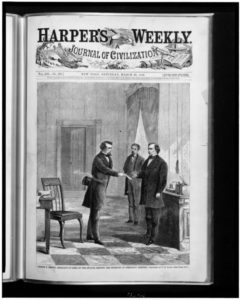 George T. Brown, sergeant-at-arms, serving the summons on President Johnson / sketched by T.R. Davis. ( Illus. in: Harper's weekly, 1868 March 28, p. 193. ; LOC: https://www.loc.gov/item/92520335/)