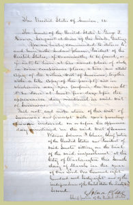 Order to Senate Sergeant of Arms George Brown to serve a "Writ of Summons" on Andrew Johnson, signed by Chief Justice Salmon P. Chase, March 7, 1868 (https://www.archives.gov/exhibits/treasures_of_congress/Images/page_14/49a.html)