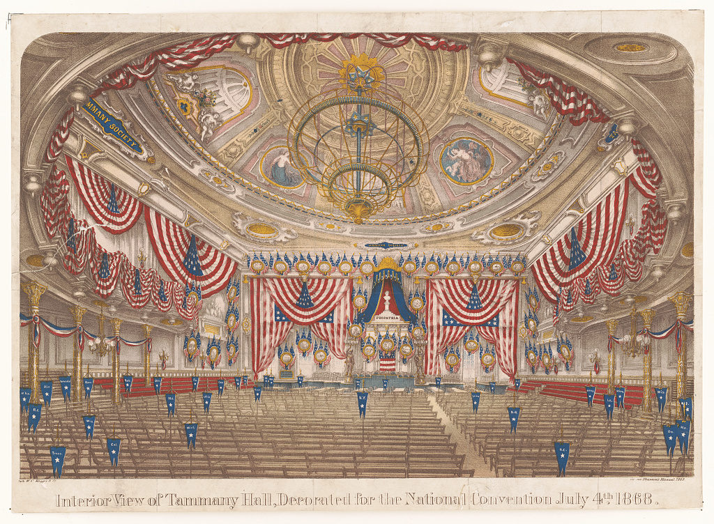Interior view of Tammany Hall, decorated for the National Convention July 4th 1868 (https://www.loc.gov/item/2003680801/)