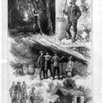 "The moonshine man" of Kentucky [Composite of 5 scenes of moonshining showing man cutting down tree, man mixing ingredients, moonshiner held captive by 3 men, 3 men on horseback begging for breakfast from framer and boy holding jug by still house] ( Illus. in: Harper's Weekly, v. 21, (1877 October 20), p. 820. ; LOC: https://www.loc.gov/item/99614166/)