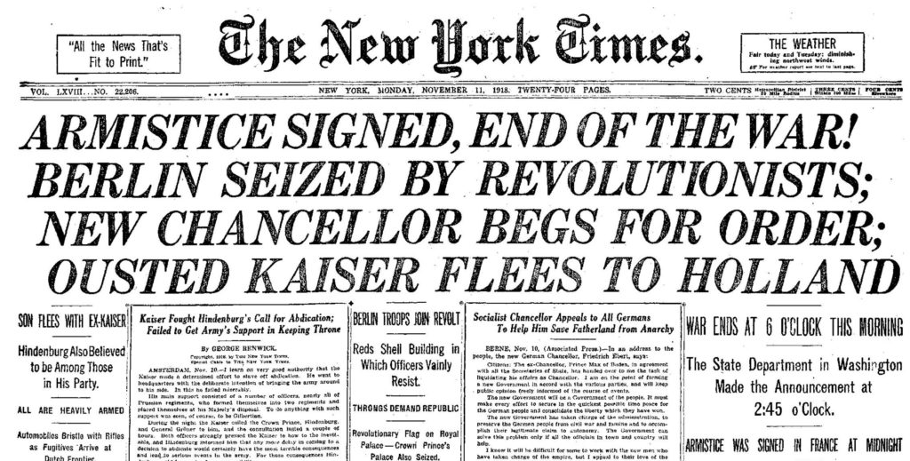 NY Times November 11, 1918 headline