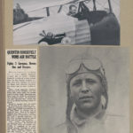 Page from album showing photographs of Quentin Roosevelt, head-and-shoulders portrait, facing front, wearing flight helmet; and seated in his airplane; with newspaper clipping "Quentin Roosevelt Wins Air Battle" (1918; LOC: https://www.loc.gov/item/2018647590/)