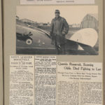 Page from album showing a photograph of Quentin Roosevelt standing next to his airplane, facing front; with newspaper clippings "Lieut. Quentin Roosevelt. Fallen in air fight", "Confirm Quentin's death - German airmen drop note saying that he was killed", and "Quentin Roosevelt, scorning odds, died fighting to last" (1918; LOC: https://www.loc.gov/item/2018647591/)