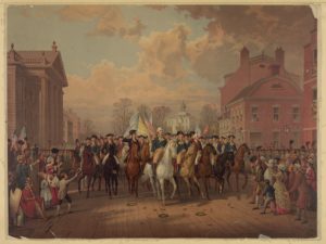 "Evacuation day" and Washington's triumphal entry in New York City, Nov. 25th, 1783 (Phil., PA : Pub. [E.P.] & L. Restein, [1879]; LOC: http://www.loc.gov/pictures/item/2003652651/)