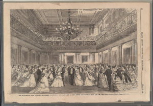 The inauguration ball, Treasury Department, Washington, D.C. - the scene on the arrival of President Grant and his wife / from a sketch by James E. Taylor. (Illus. in: Frank Leslie's illustrated newspaper, v. 28, 1869 March 20, p. 12.LOC: https://www.loc.gov/item/2001695231/)