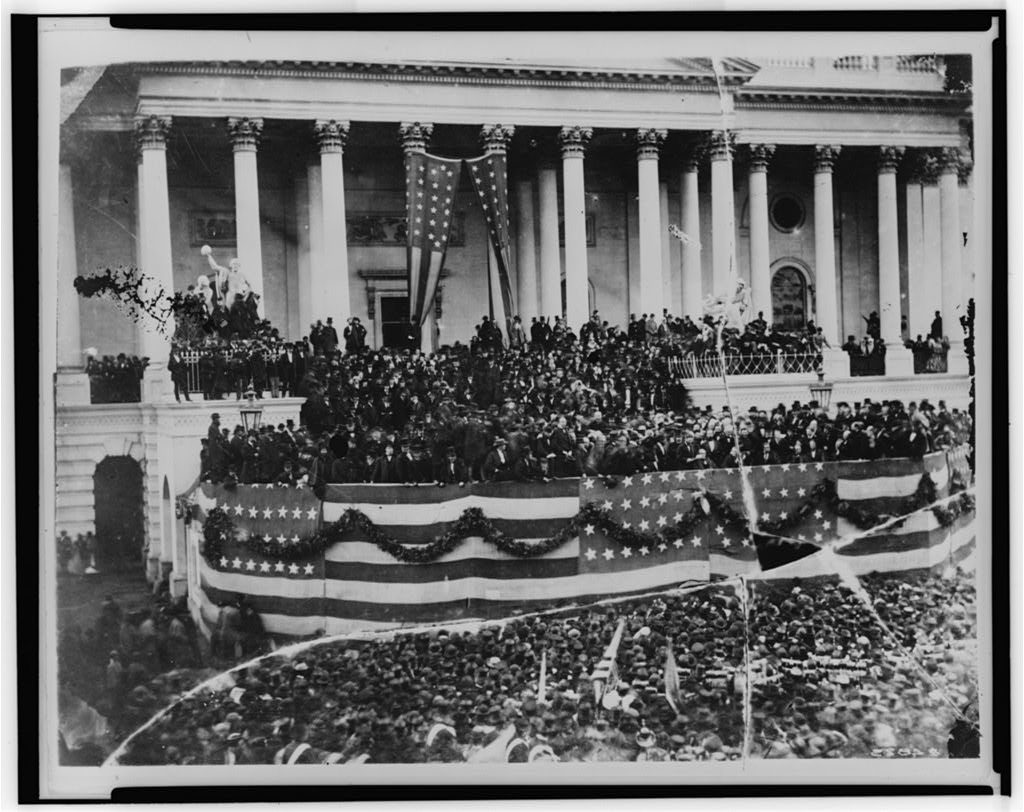 President Ulysses S. Grant delivering his first inaugural address on the east portico of the U.S. Capitol, March 20, 1869 (4 March 1869; LOC: https://www.loc.gov/item/00650932/)